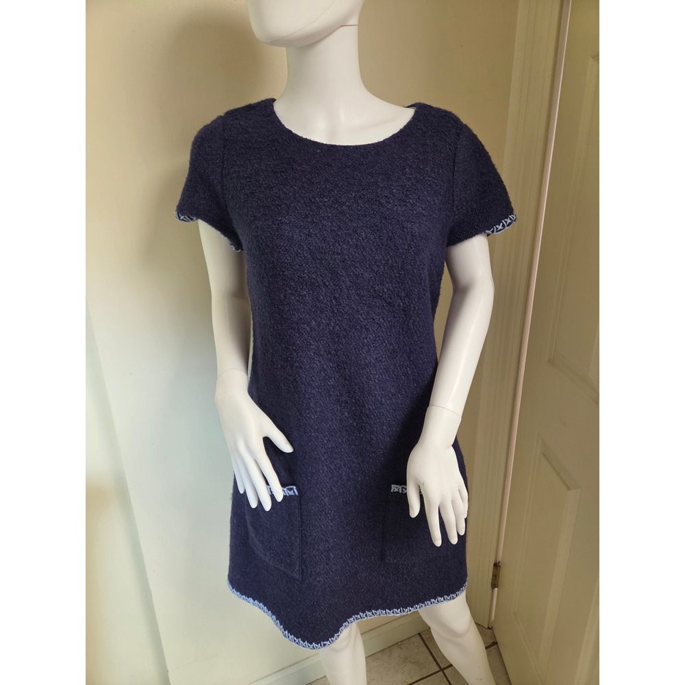 Sail to Sable Navy Blue‎ Wool Blend Boucle Embroidered Shift Dress Size 8
